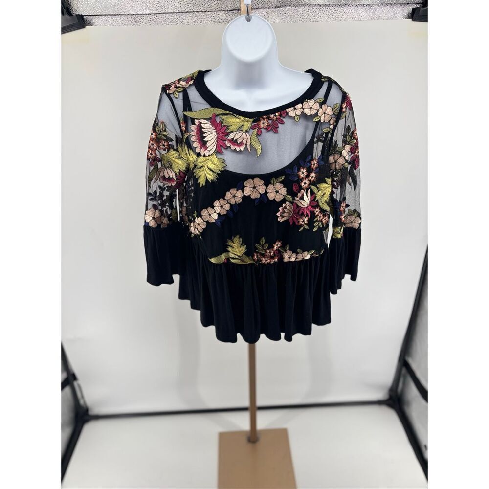Anthropologie Eri + Ali Embroidered Sheer Mesh Floral Peplum Blouse XS Black